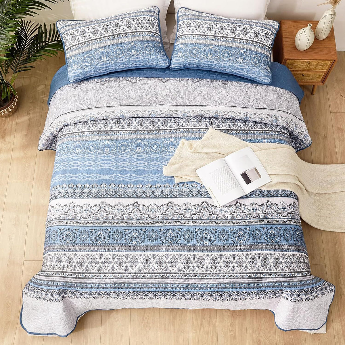 Light Blue Boho Royale Bedspread Coverlet 3 Piece Set