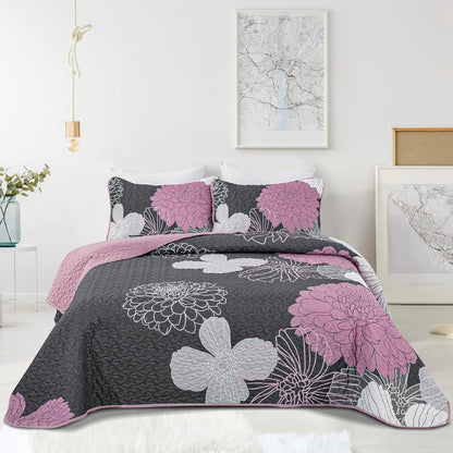 Grey Floral Elysian Bedspread Coverlet 3 Piece Set