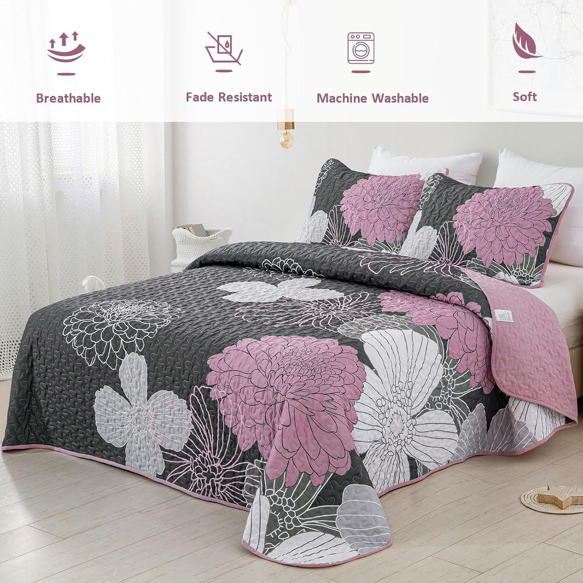Grey Floral Elysian Bedspread Coverlet 3 Piece Set