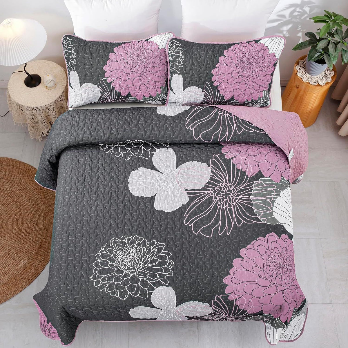 Grey Floral Elysian Bedspread Coverlet 3 Piece Set