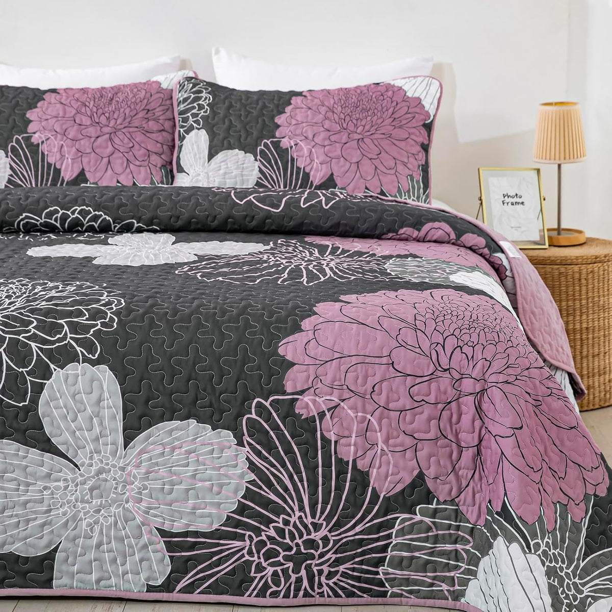 Grey Floral Elysian Bedspread Coverlet 3 Piece Set