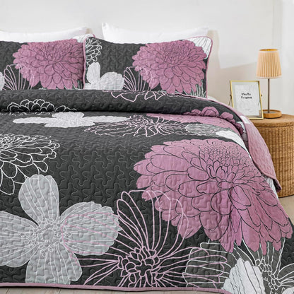 Grey Floral Elysian Bedspread Coverlet 3 Piece Set