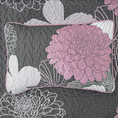Grey Floral Elysian Bedspread Coverlet 3 Piece Set
