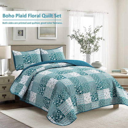 Teal Blue Floral Plaid Majesty Bedspread Coverlet 3 Piece Set