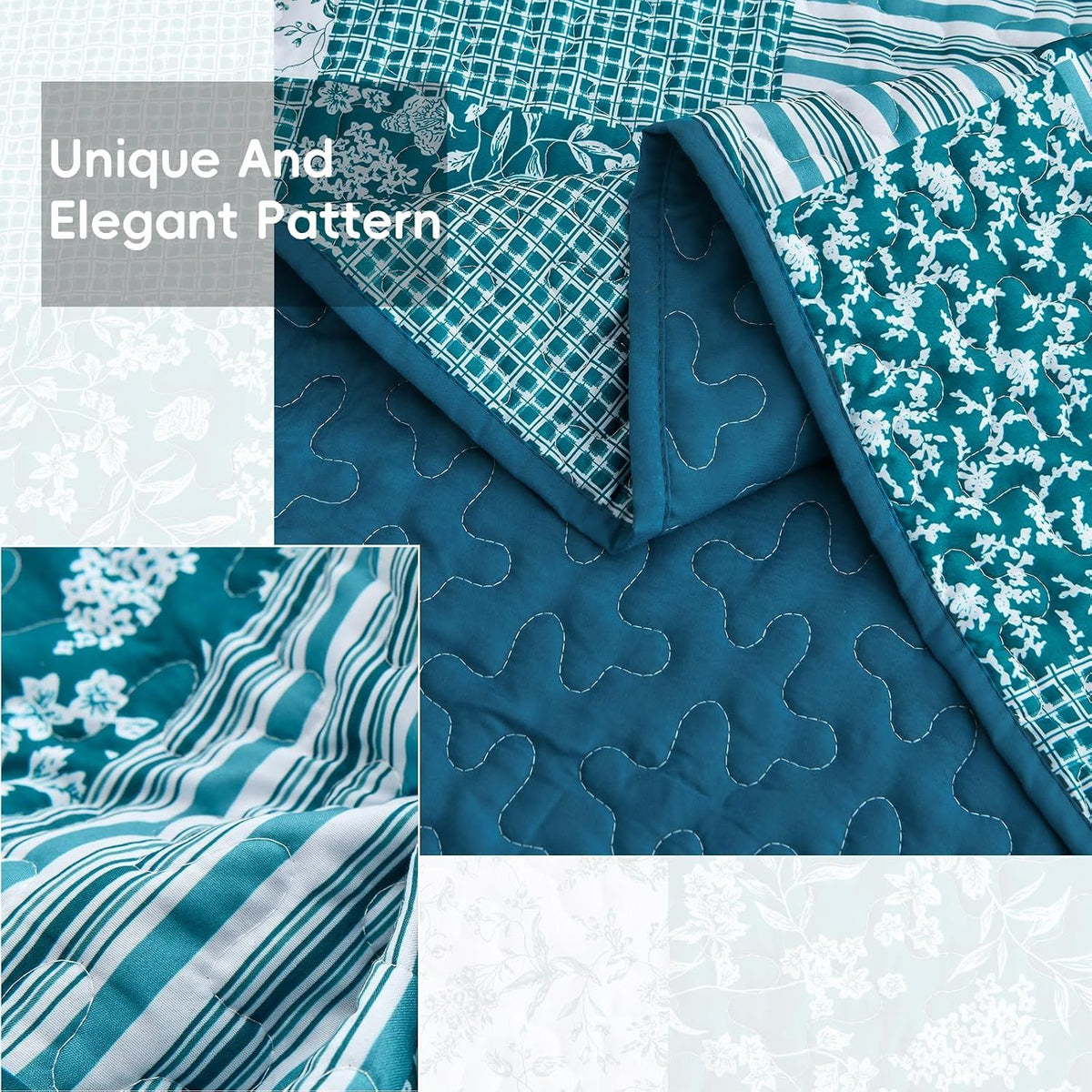 Teal Blue Floral Plaid Majesty Bedspread Coverlet 3 Piece Set