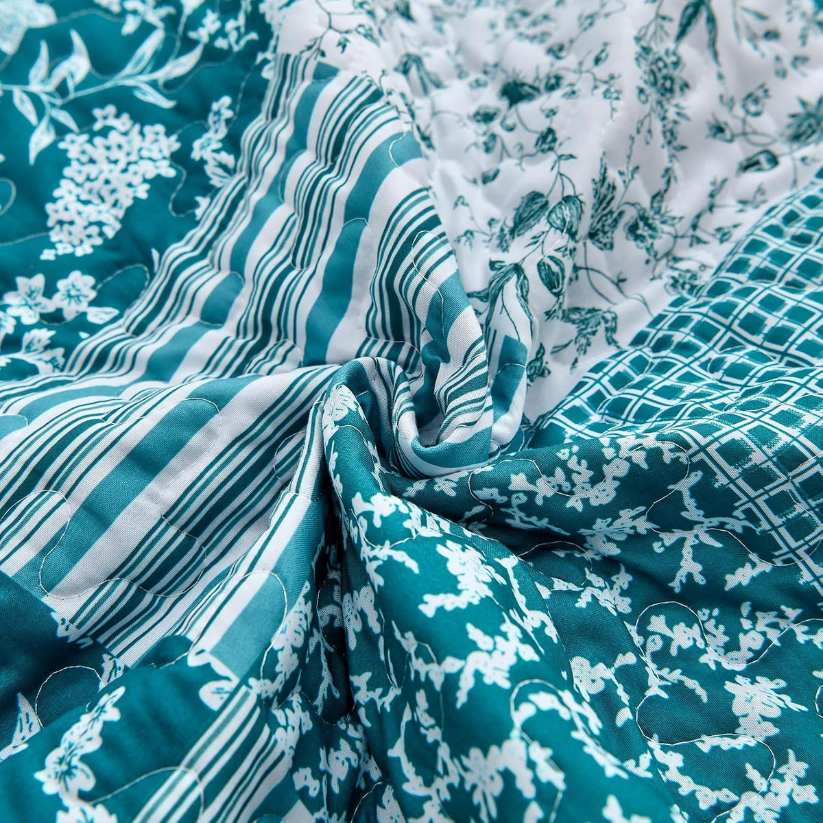 Teal Blue Floral Plaid Majesty Bedspread Coverlet 3 Piece Set