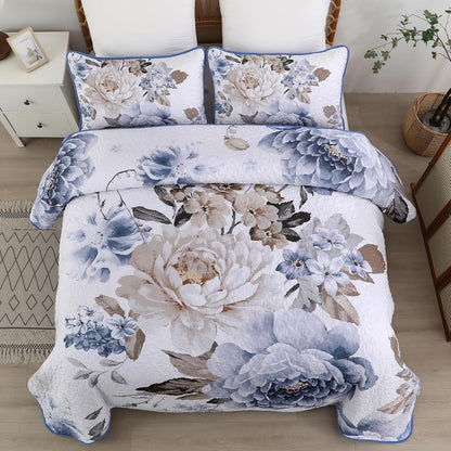 Blue Floral Royale Bedspread Coverlet 3 Piece Set