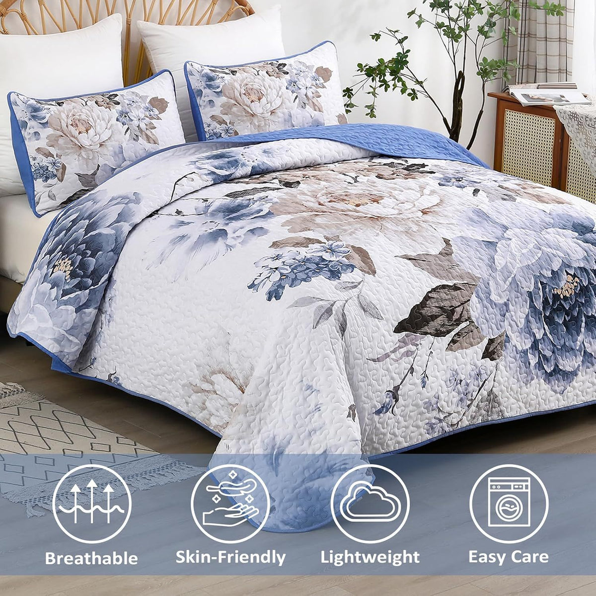 Blue Floral Royale Bedspread Coverlet 3 Piece Set