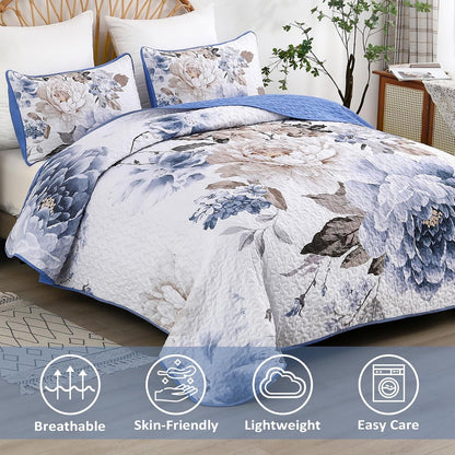 Blue Floral Royale Bedspread Coverlet 3 Piece Set