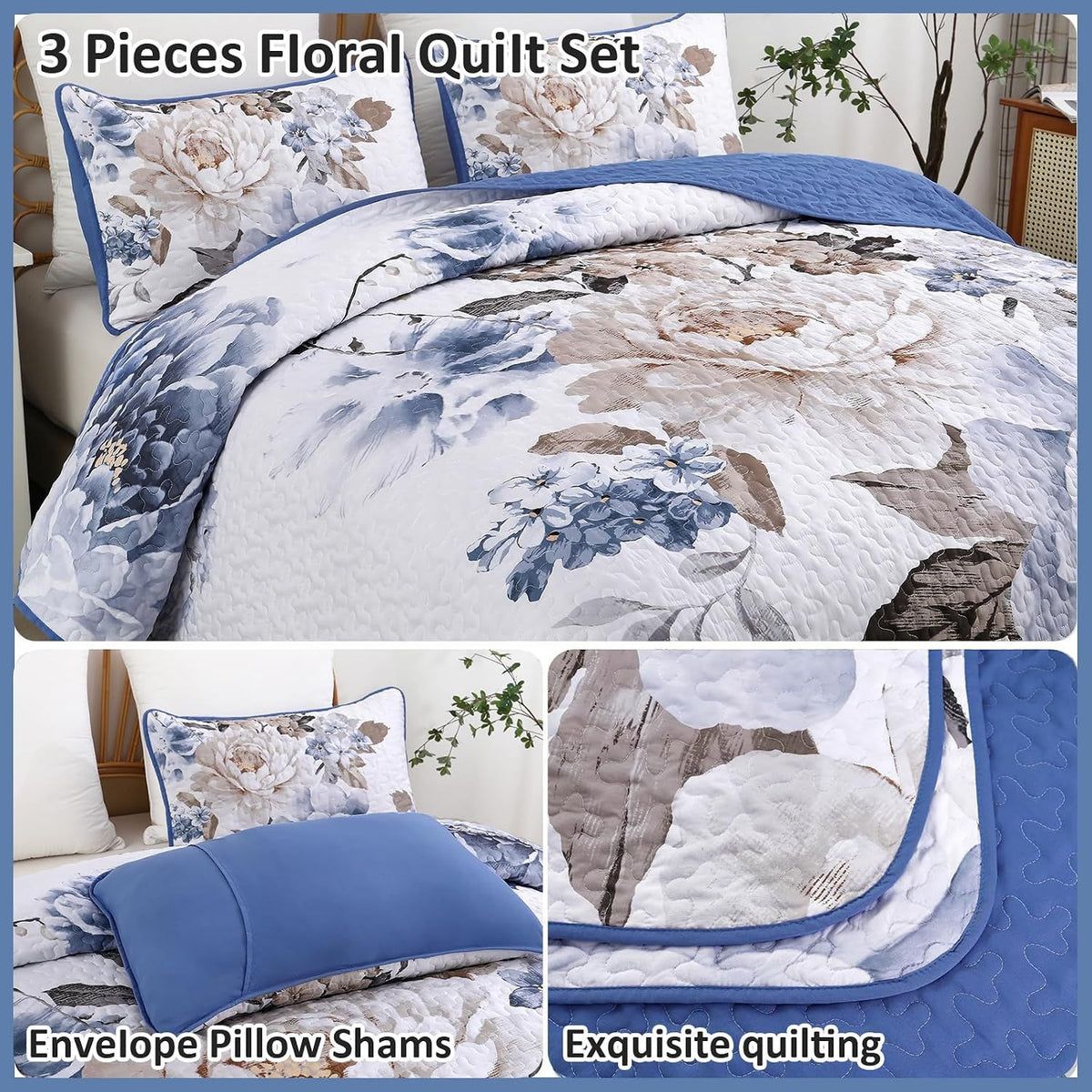 Blue Floral Royale Bedspread Coverlet 3 Piece Set