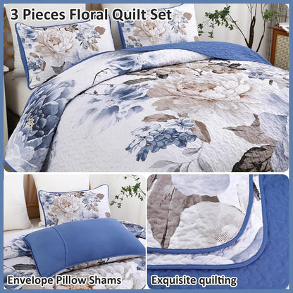 Blue Floral Royale Bedspread Coverlet 3 Piece Set