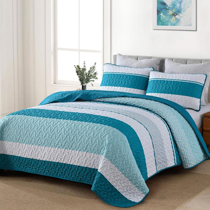 Teal Stripe Patchwork Vista Bedspread Coverlet 3 Piece Set