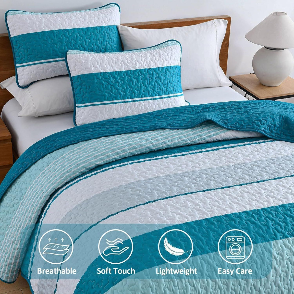 Teal Stripe Patchwork Vista Bedspread Coverlet 3 Piece Set
