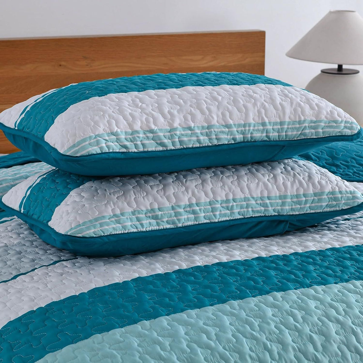 Teal Stripe Patchwork Vista Bedspread Coverlet 3 Piece Set