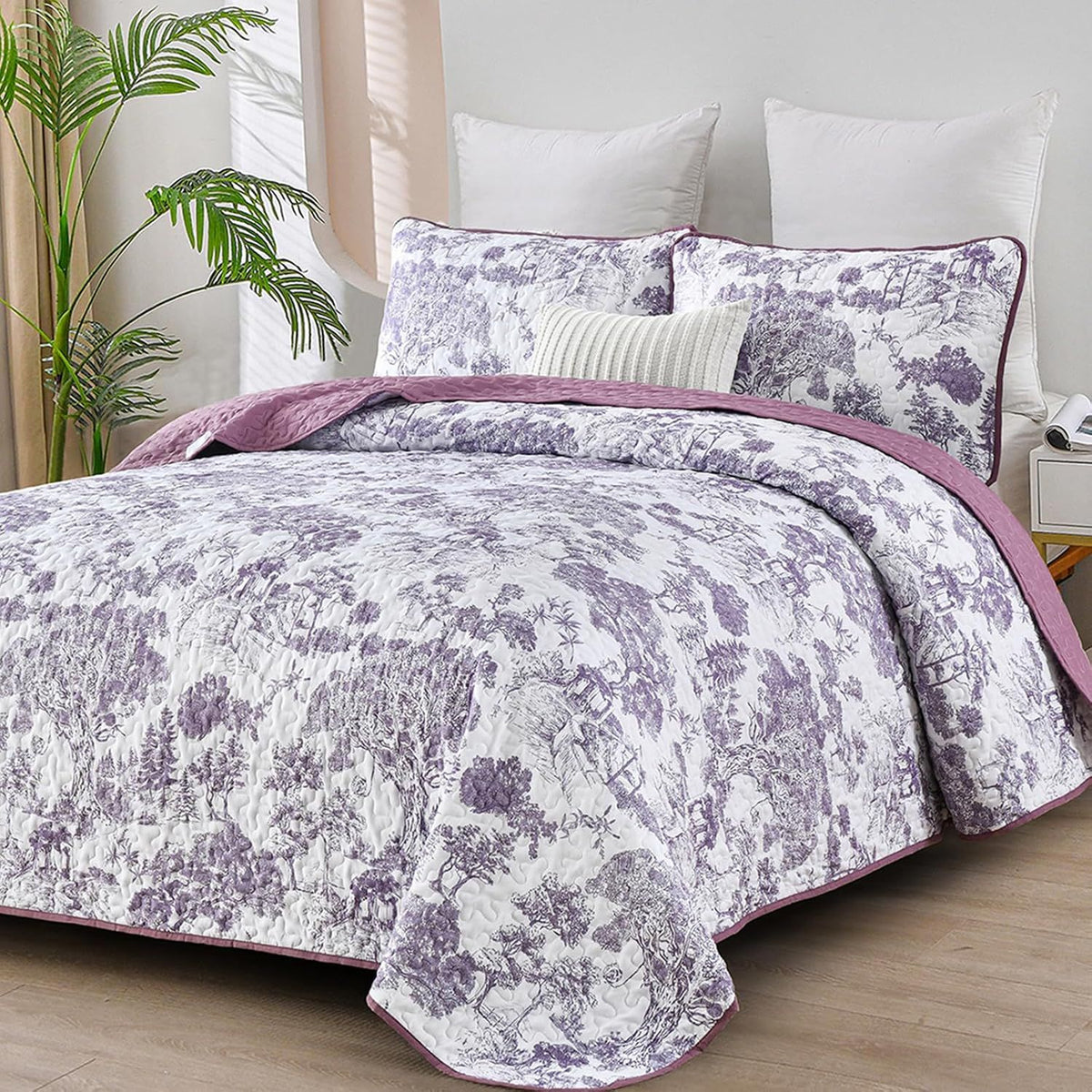 Purple Floral Botanical Meadow Bedspread Coverlet 3 Piece Set
