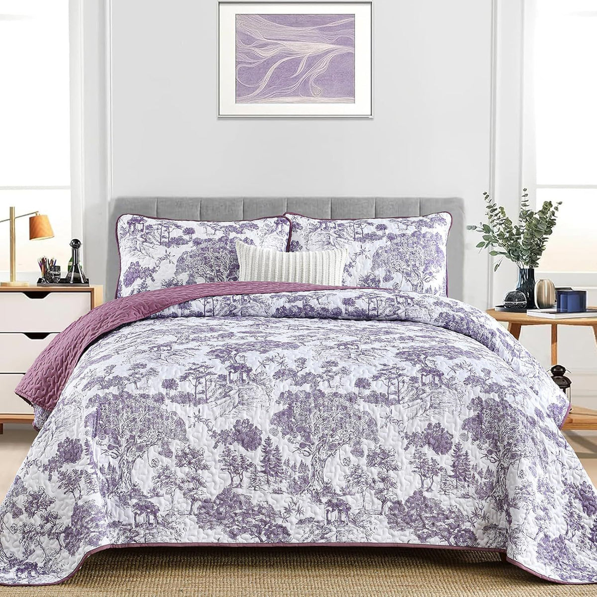 Purple Floral Botanical Meadow Bedspread Coverlet 3 Piece Set