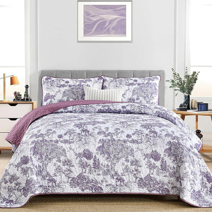Purple Floral Botanical Meadow Bedspread Coverlet 3 Piece Set