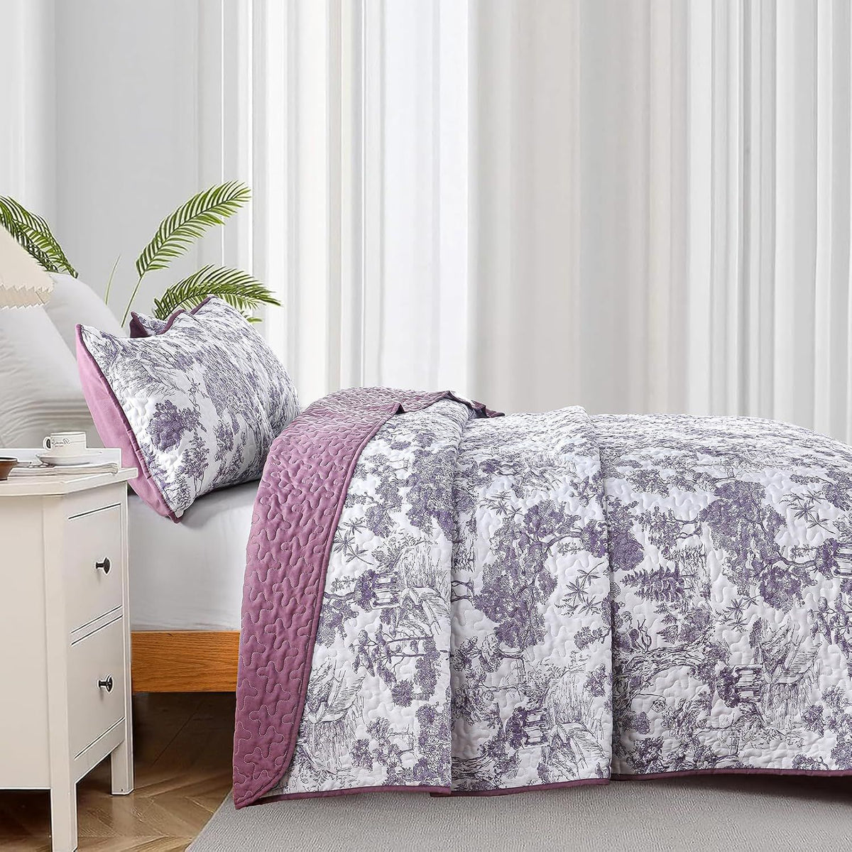 Purple Floral Botanical Meadow Bedspread Coverlet 3 Piece Set
