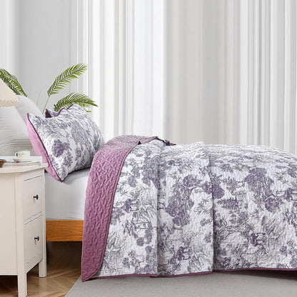 Purple Floral Botanical Meadow Bedspread Coverlet 3 Piece Set