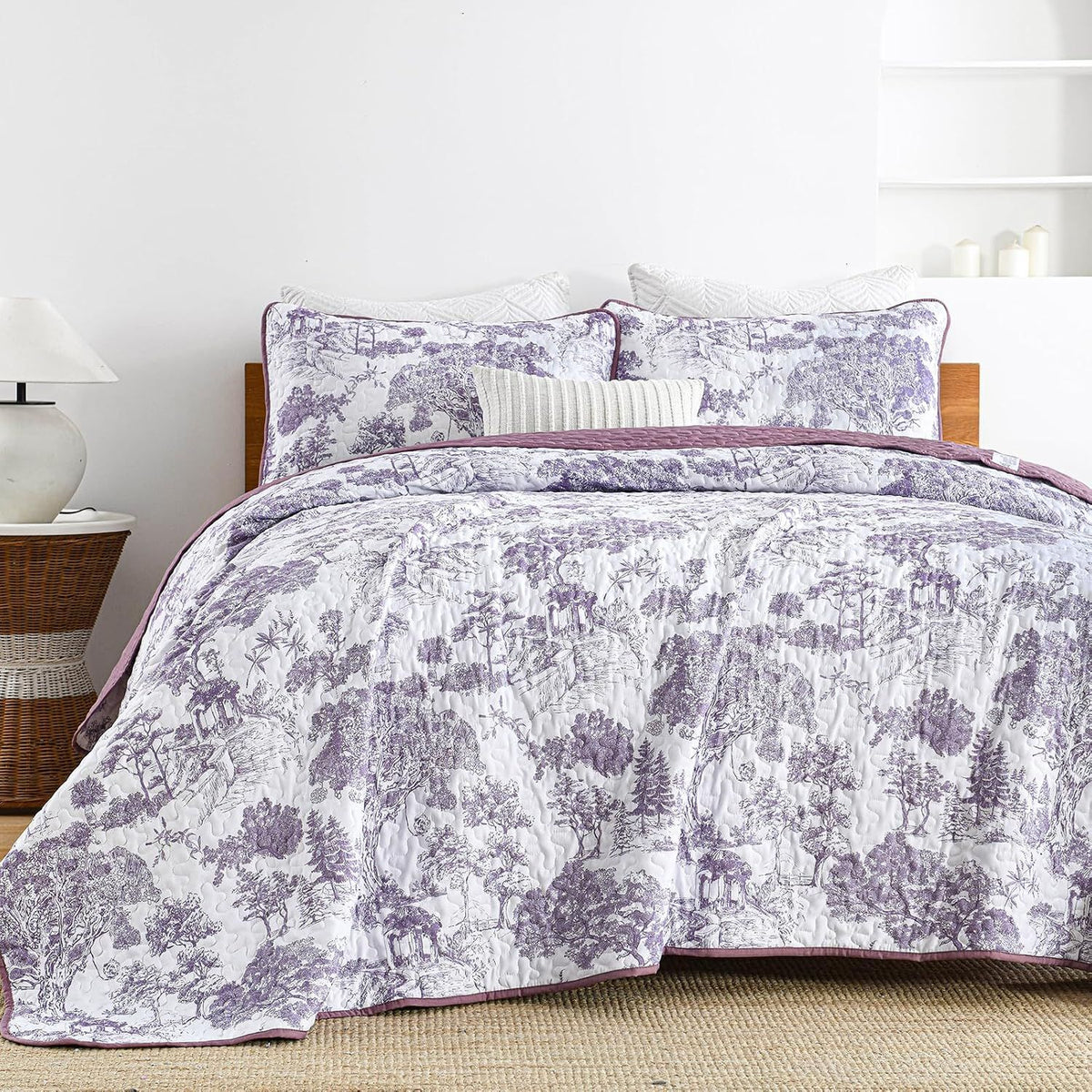 Purple Floral Botanical Meadow Bedspread Coverlet 3 Piece Set