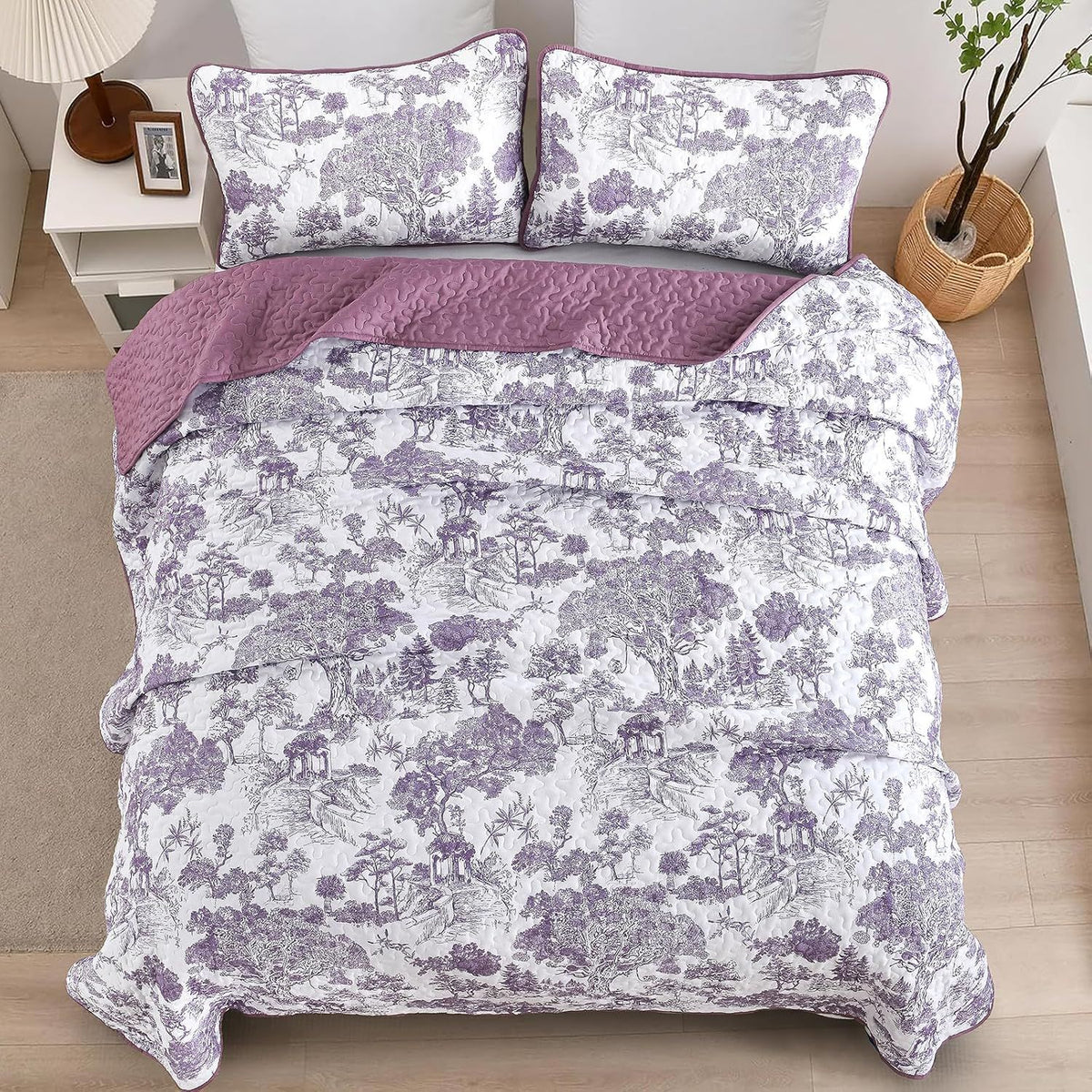 Purple Floral Botanical Meadow Bedspread Coverlet 3 Piece Set