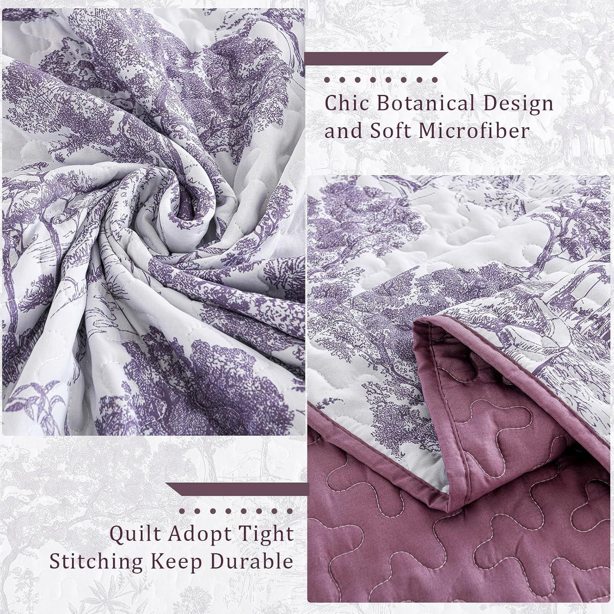 Purple Floral Botanical Meadow Bedspread Coverlet 3 Piece Set