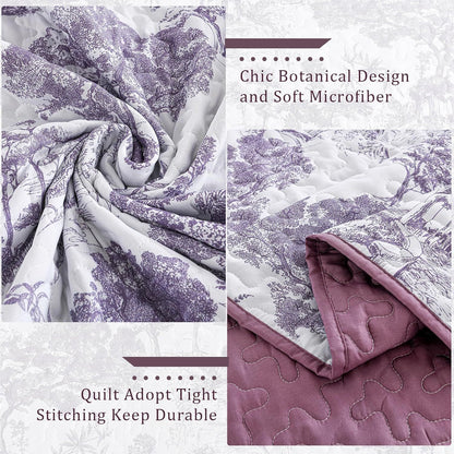 Purple Floral Botanical Meadow Bedspread Coverlet 3 Piece Set