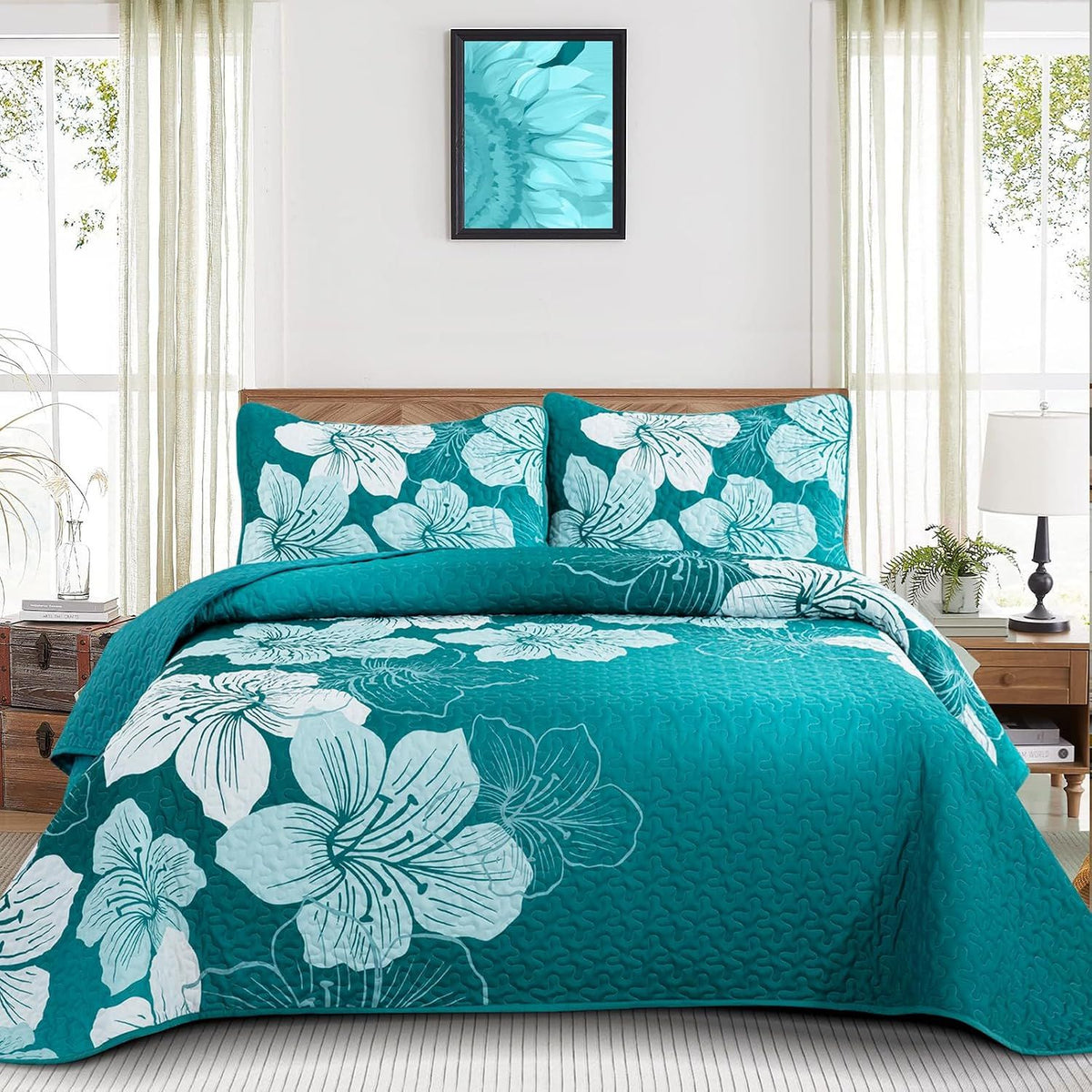 Green Floral Grove Bedspread Coverlet 3 Piece Set