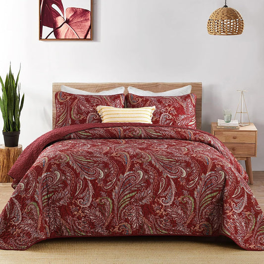 Red Paisley Garden Bedspread Coverlet 3 Piece Set