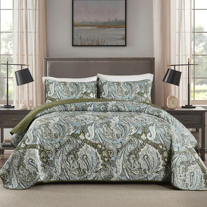 Green Paisley Boho Garden Bedspread Coverlet 3 Piece Set