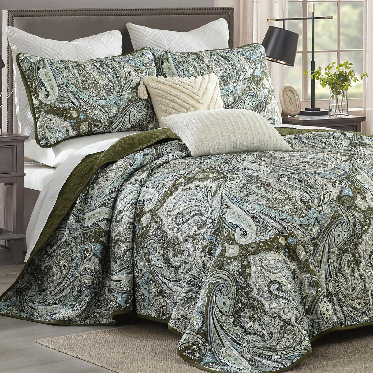 Green Paisley Boho Garden Bedspread Coverlet 3 Piece Set