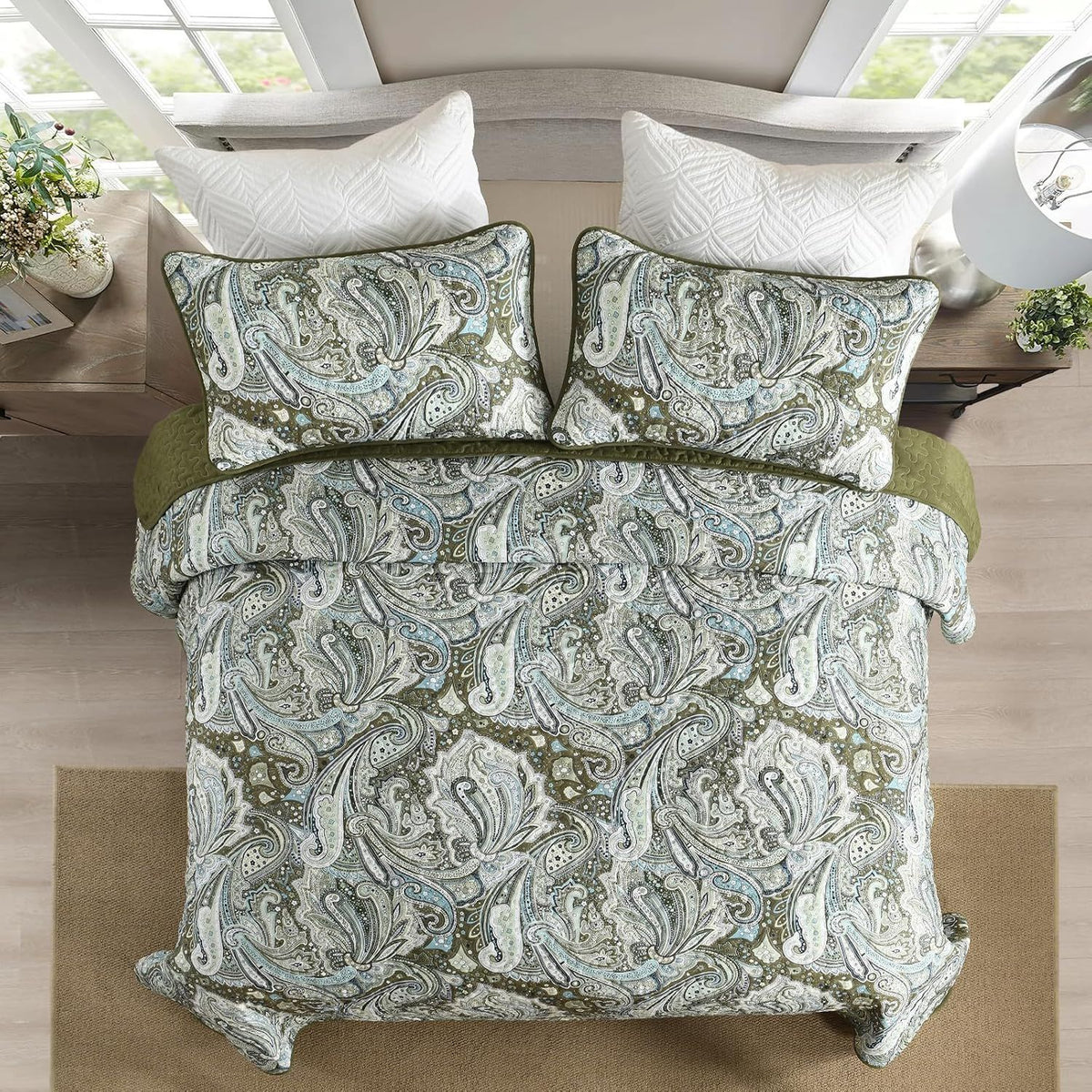 Green Paisley Boho Garden Bedspread Coverlet 3 Piece Set