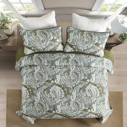 Green Paisley Boho Garden Bedspread Coverlet 3 Piece Set