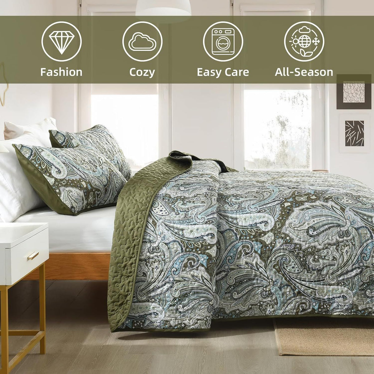 Green Paisley Boho Garden Bedspread Coverlet 3 Piece Set