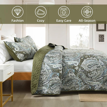 Green Paisley Boho Garden Bedspread Coverlet 3 Piece Set