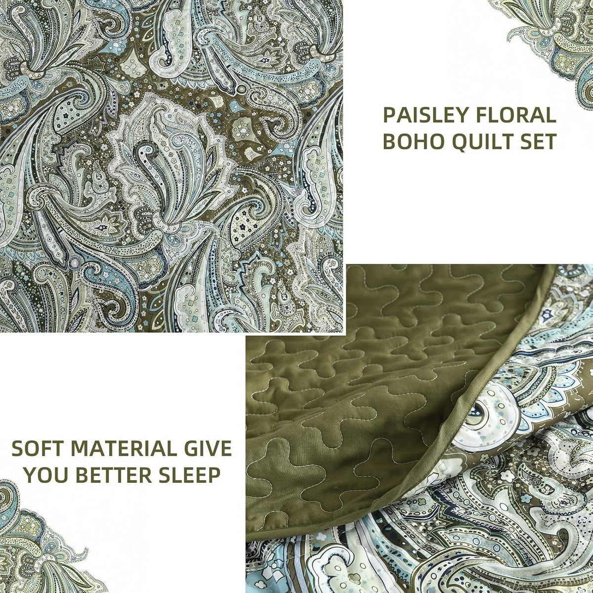 Green Paisley Boho Garden Bedspread Coverlet 3 Piece Set