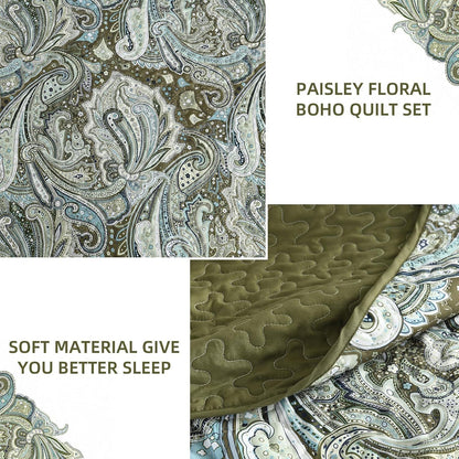 Green Paisley Boho Garden Bedspread Coverlet 3 Piece Set