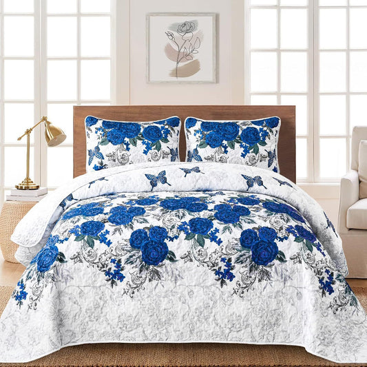Blue Floral Rose Meadow Bedspread Coverlet 3 Piece Set