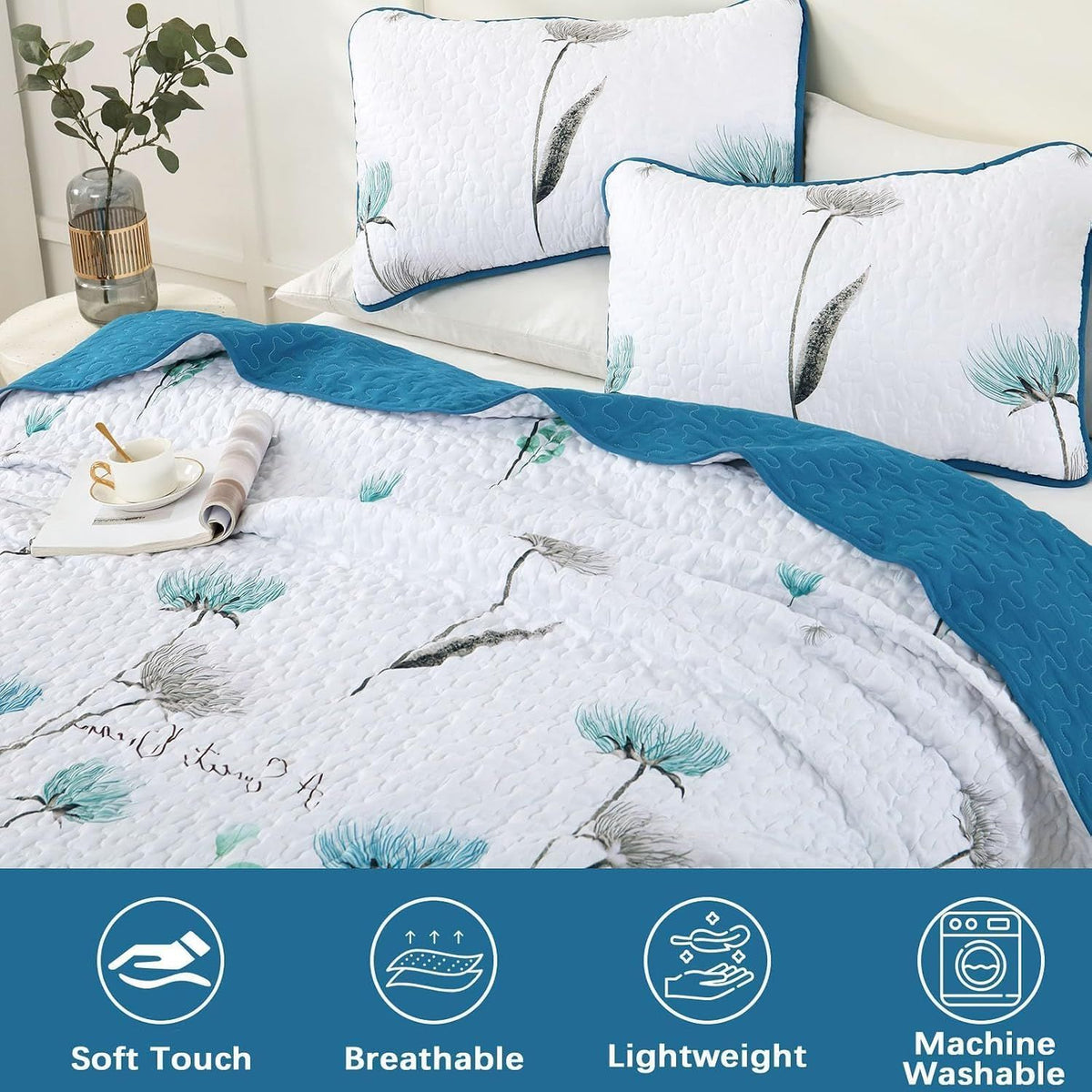 Teal Floral Dream Bedspread Coverlet 3 Piece Set