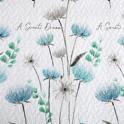 Teal Floral Dream Bedspread Coverlet 3 Piece Set