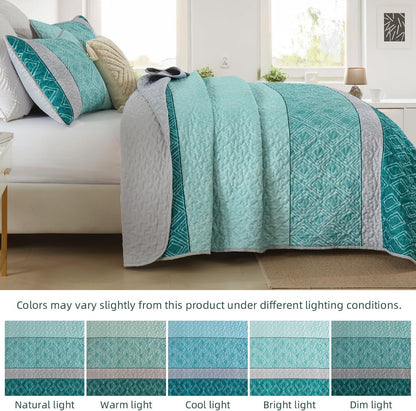 Teal Plaid Boho Mosaic Bedspread Coverlet 3 Piece Set