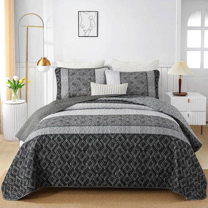 Grey Stripe Plaid Dream Bedspread Coverlet 3 Piece Set