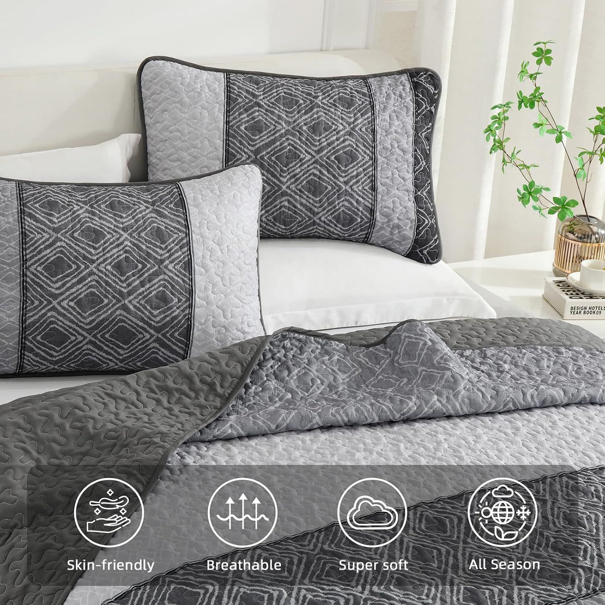 Grey Stripe Plaid Dream Bedspread Coverlet 3 Piece Set