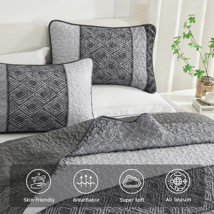 Grey Stripe Plaid Dream Bedspread Coverlet 3 Piece Set