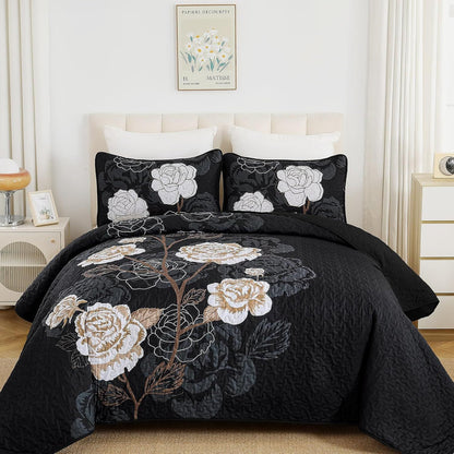 Black Floral Aura Bedspread Coverlet 3 Piece Set