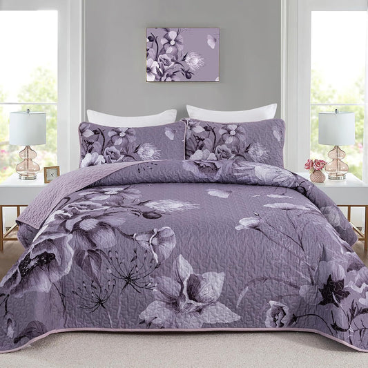 Dark Purple Floral Boho Serenity Bedspread Coverlet 3 Piece Set