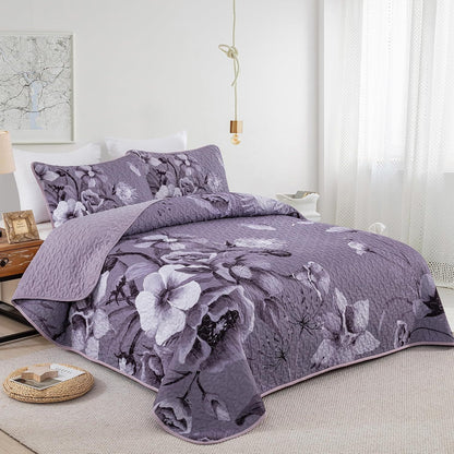 Dark Purple Floral Boho Serenity Bedspread Coverlet 3 Piece Set