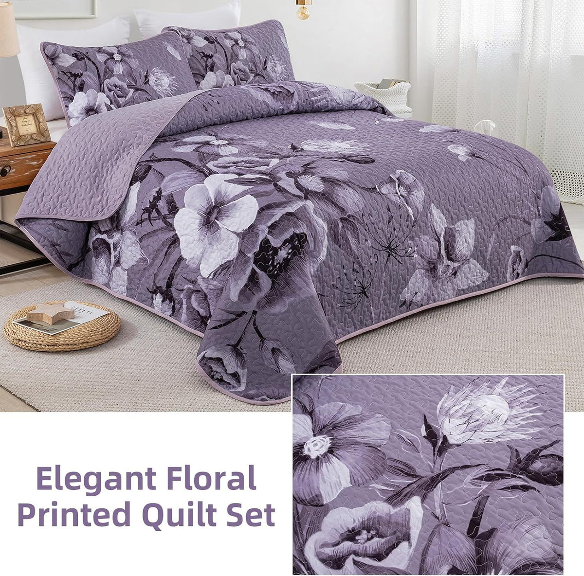 Dark Purple Floral Boho Serenity Bedspread Coverlet 3 Piece Set