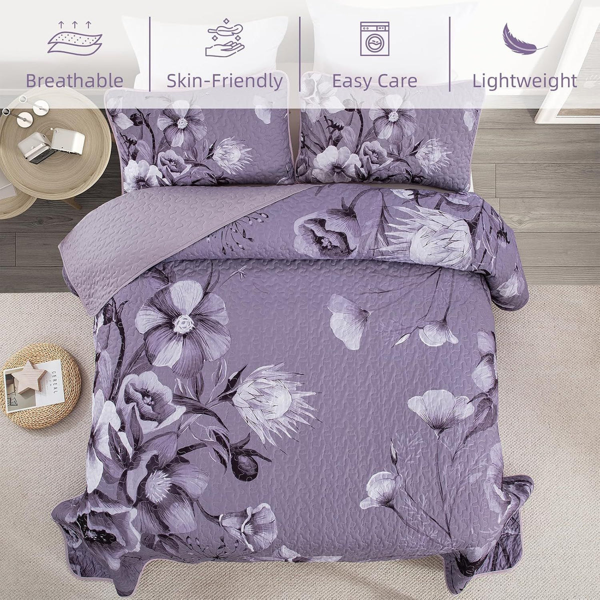 Dark Purple Floral Boho Serenity Bedspread Coverlet 3 Piece Set