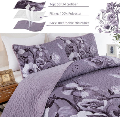 Dark Purple Floral Boho Serenity Bedspread Coverlet 3 Piece Set